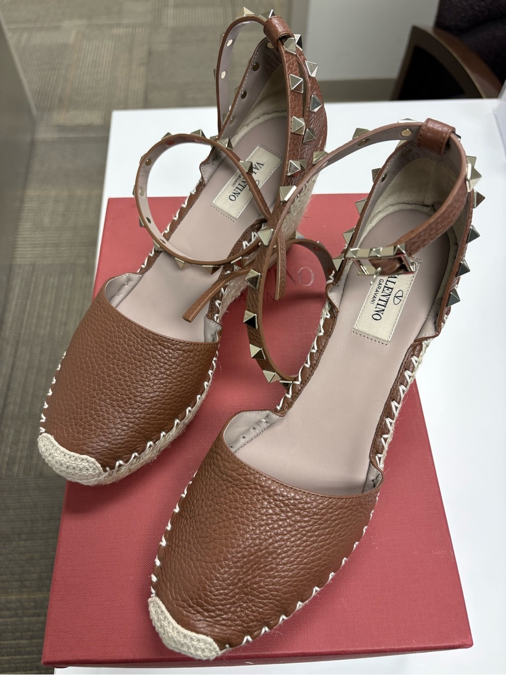 Nordstrom Brown Leather Studded Espadrille Wedge